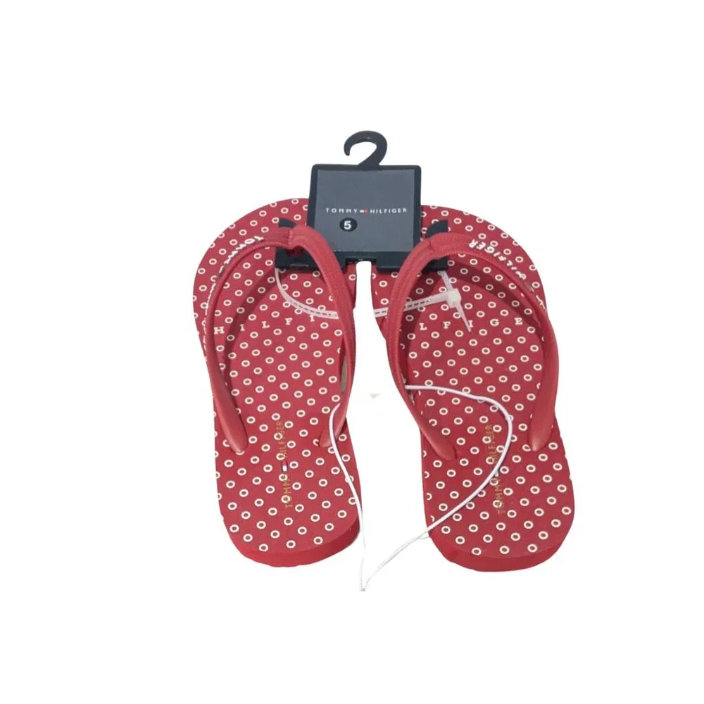 Tommy Hilfiger Red Polka Dot Flip Flops Size 5M NWT Logo Strap Sandals - Picture 2 of 5